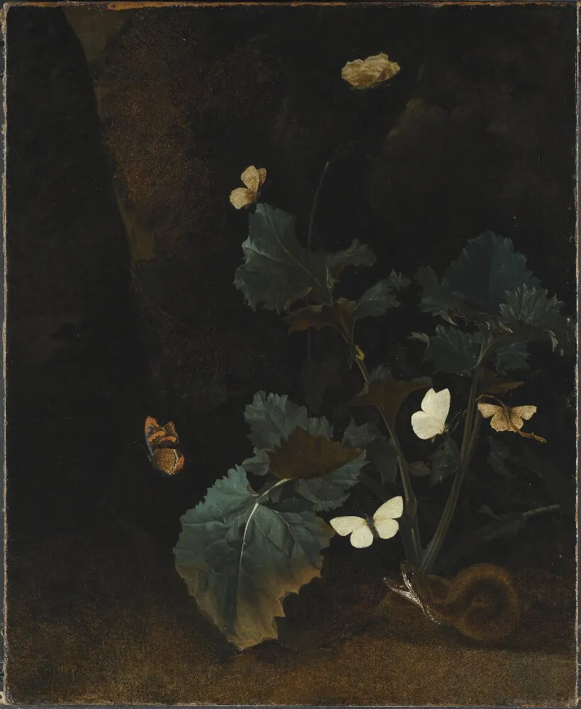 Herb Plant, Six Bright Butterflies and a Brown Serpent by Christiaen Striep — original painting reproduced as a hand-painted oil on canvas