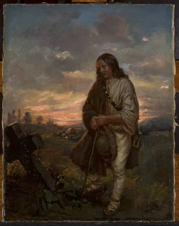 Highlander at a grave (1864) by Antoni Kozakiewicz — original painting reproduced as a hand-painted oil on canvas