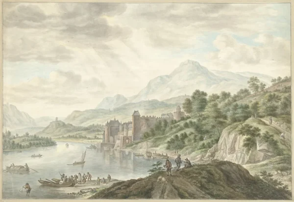 Hilly landscape with castle on a river (1795) by Abraham Delfos — original painting reproduced as a hand-painted oil on canvas