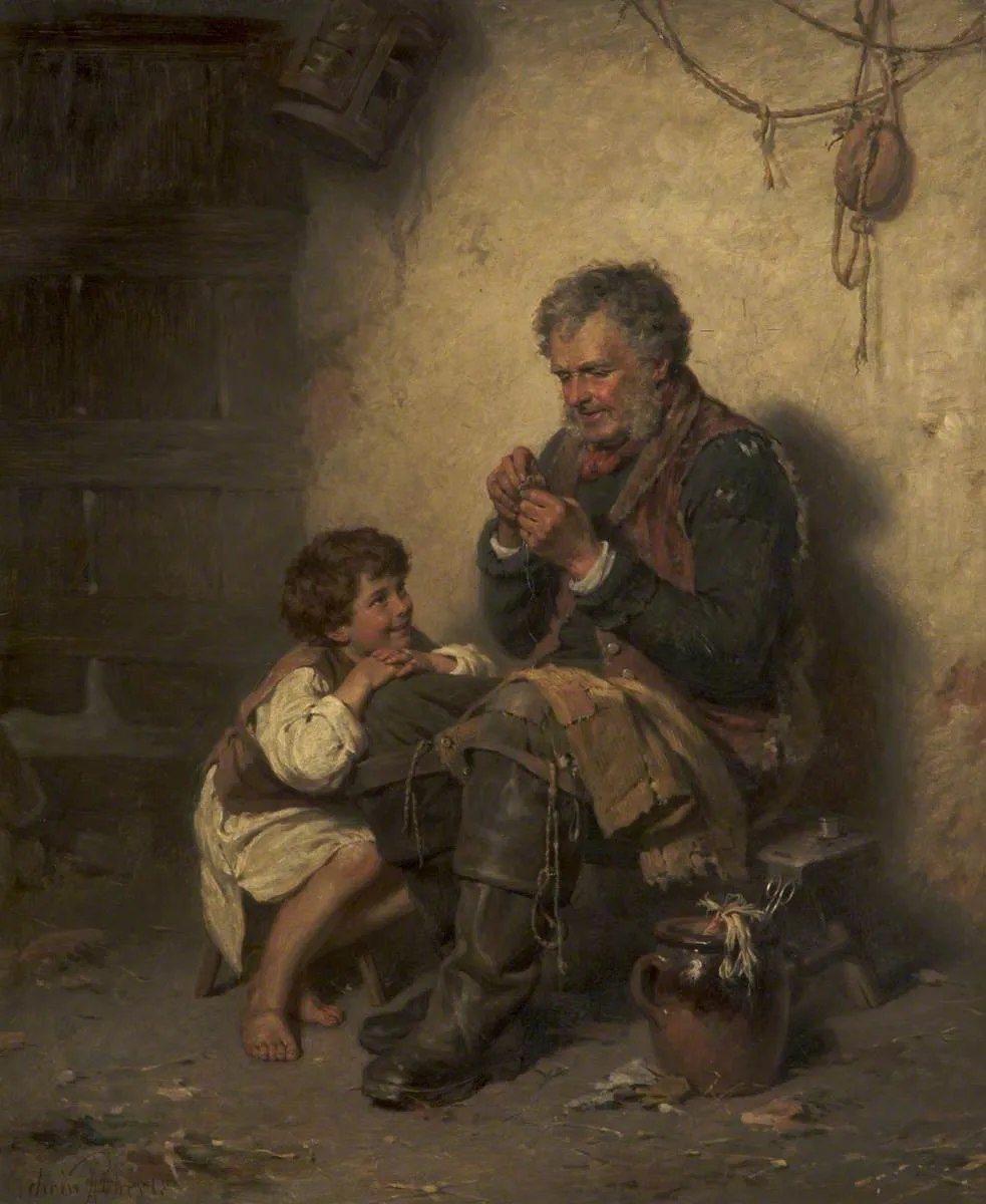 His Only Pair (A Button Short) (1868) by Edwin Roberts — original painting reproduced as a hand-painted oil on canvas