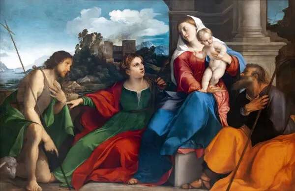 Holy Family with Saints Catherine of Alexandria and John the Baptist (1525) by Titian — original painting reproduced as a hand-painted oil on canvas