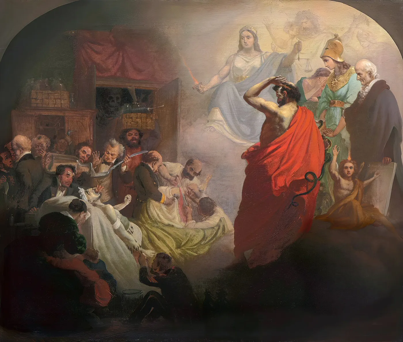 Homeopathy gazing upon the horrors of Allopathy (1857) by Alexander Beydeman — original painting reproduced as a hand-painted oil on canvas