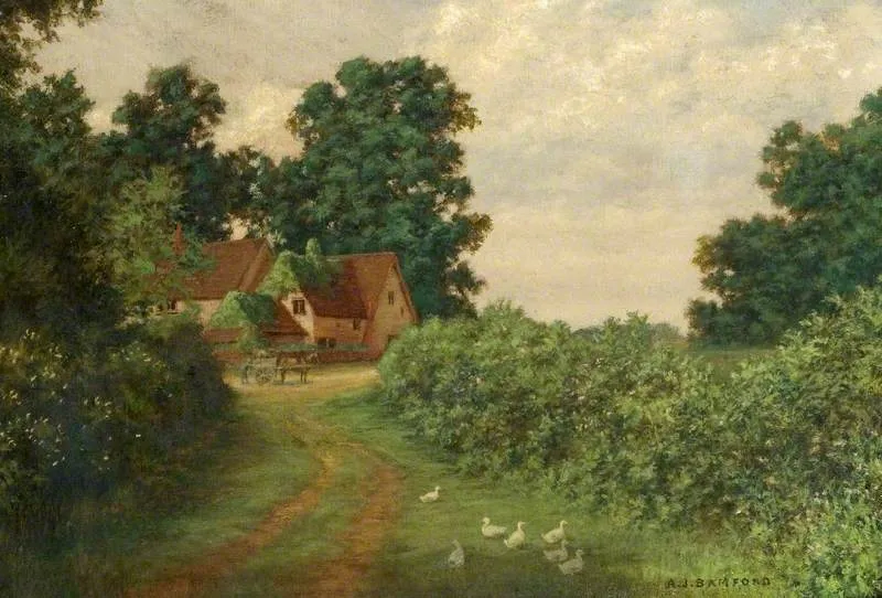 Hooks Green Farm, Clothall by Alfred John Bamford — original painting reproduced as a hand-painted oil on canvas