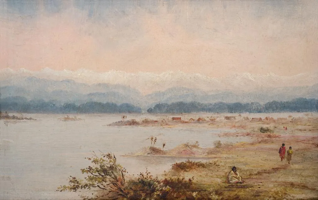 Horo Whenua Lake and Native Pah, Manawatu (1863) by Edith Halcombe — original painting reproduced as a hand-painted oil on canvas