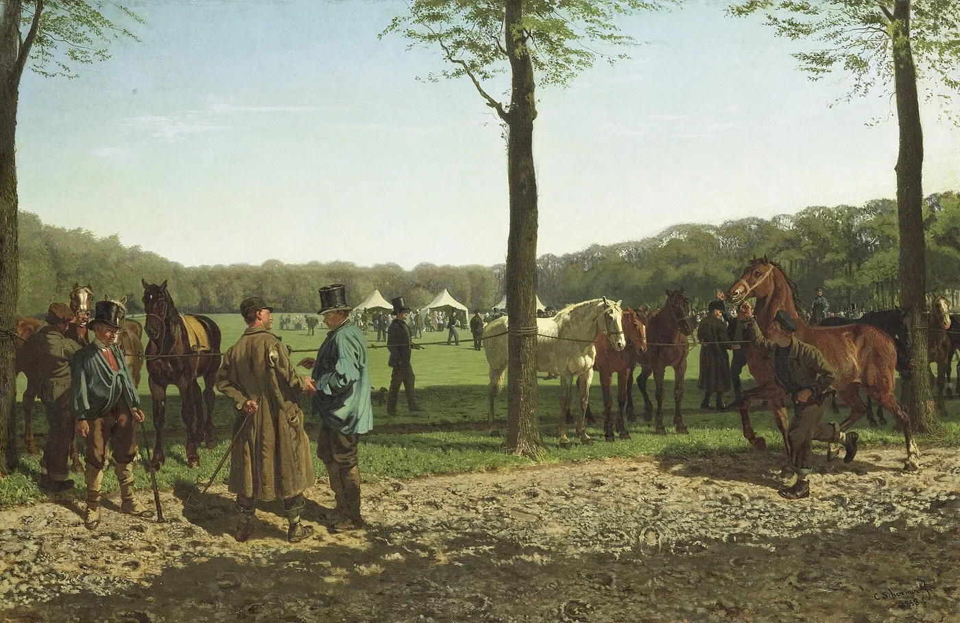 Horse Fair on the Maliebaan at The Hague (1858) by Cornelis Albertus Johannes Schermer — original painting reproduced as a hand-painted oil on canvas