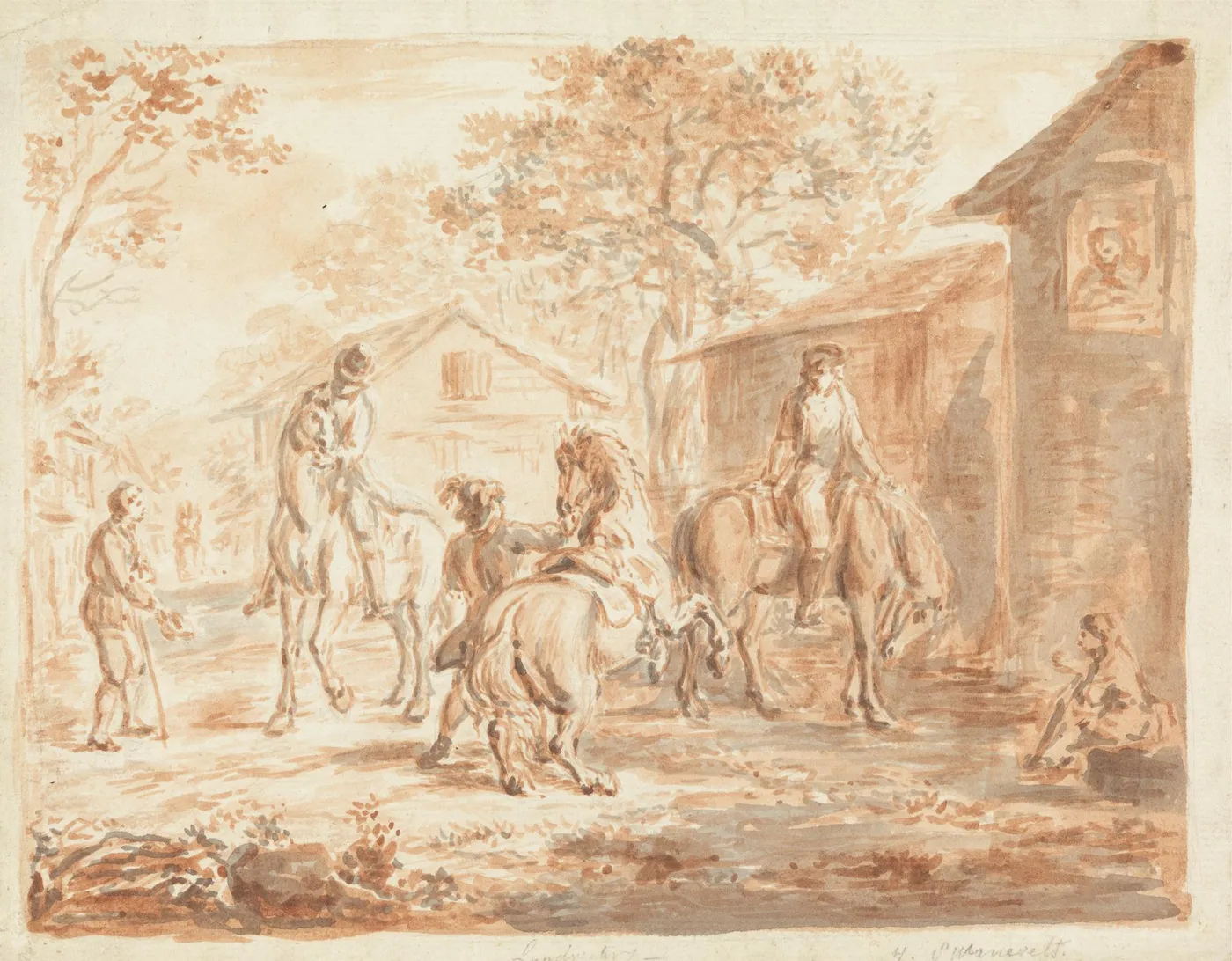 Horsemen in a Landscape by Charles Henry Schwanfelder — original watercolour reproduced as a hand-painted oil on canvas