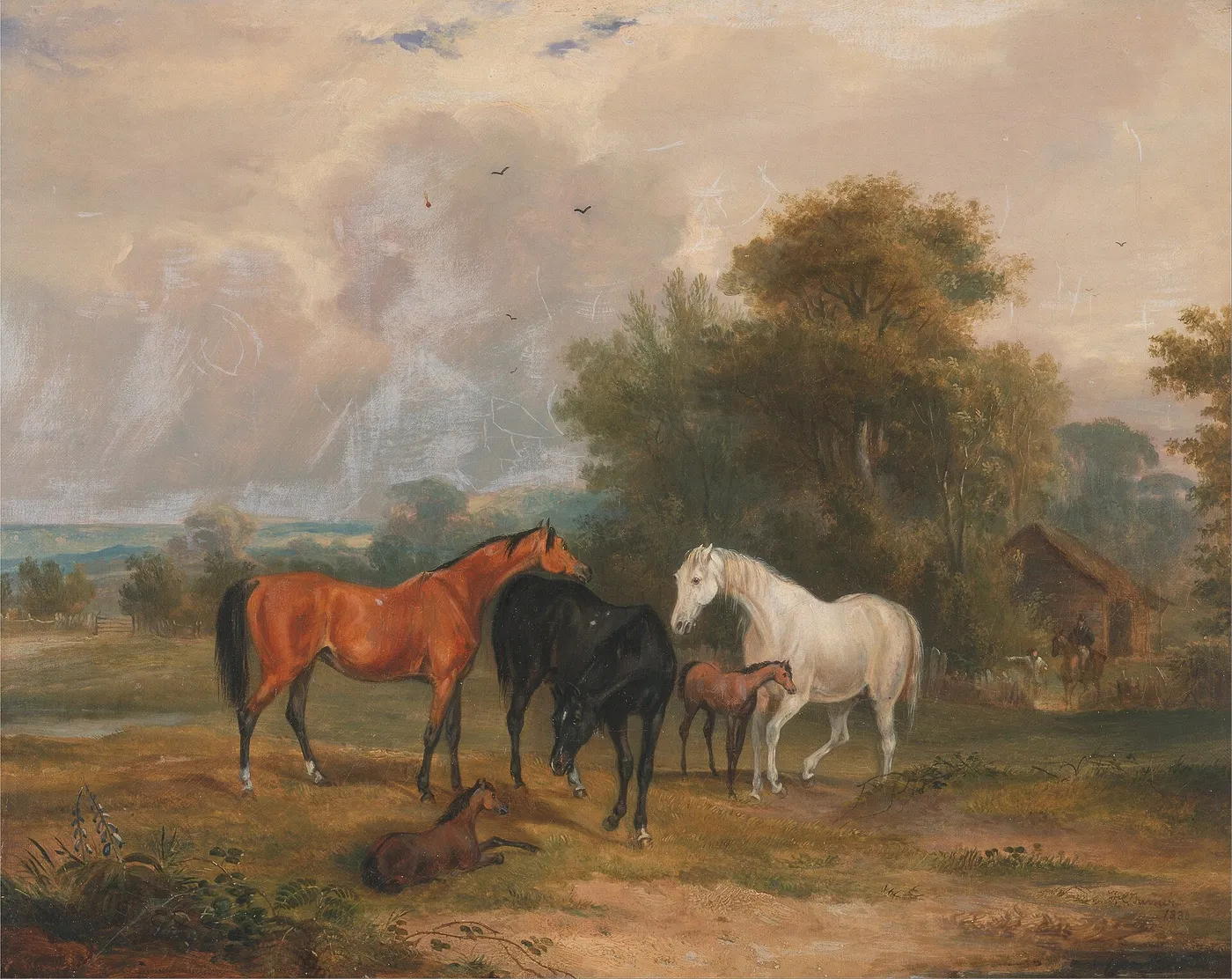 Horses Grazing: Mares and Foals in a Field (1830) by Francis Calcraft Turner — original painting reproduced as a hand-painted oil on canvas