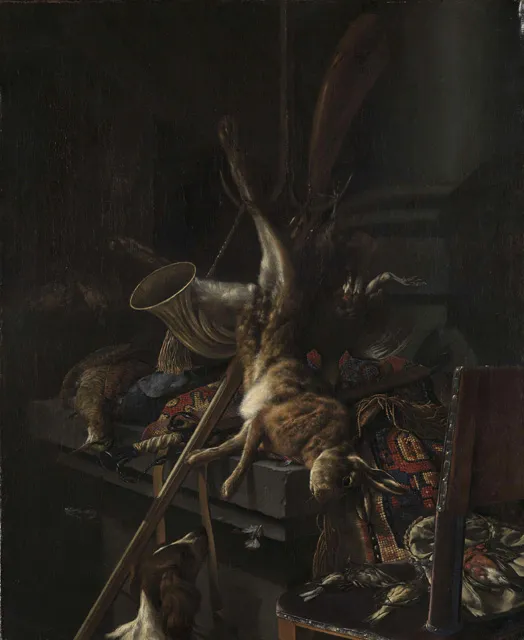 Hunting still life with a dead hare (1663) by Cornelis Lelienbergh — original painting reproduced as a hand-painted oil on canvas
