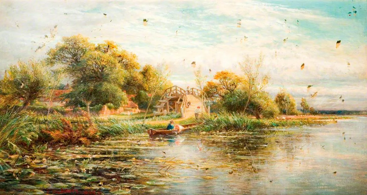 Hurley Bridge (a backwater on the Thames) (1875) by Charles James Lewis — original painting reproduced as a hand-painted oil on canvas