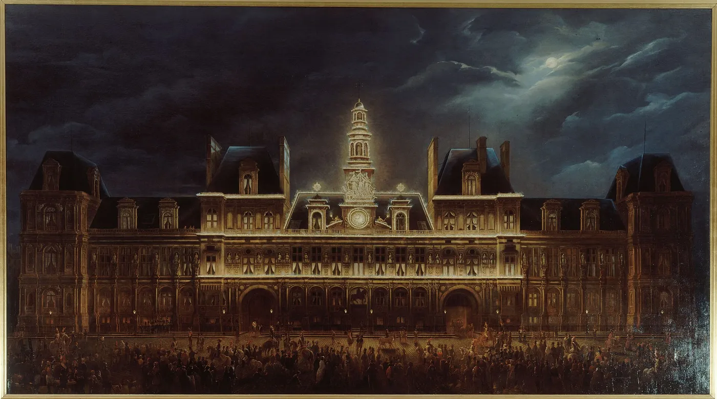 Illumination de l’Hôtel de Ville pour la fête du roi, le 1er mai 1847 (1847) by Auguste Roux — original painting reproduced as a hand-painted oil on canvas