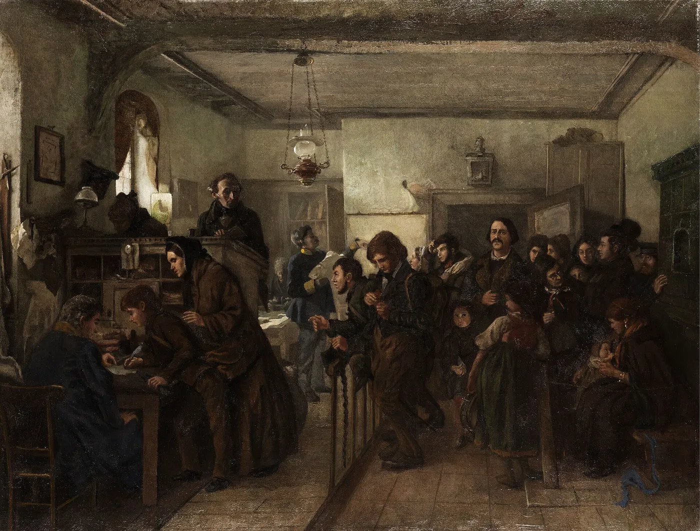 In der Pass- und Polizeistube vor der Emigration by Felix Schlesinger — original painting reproduced as a hand-painted oil on canvas