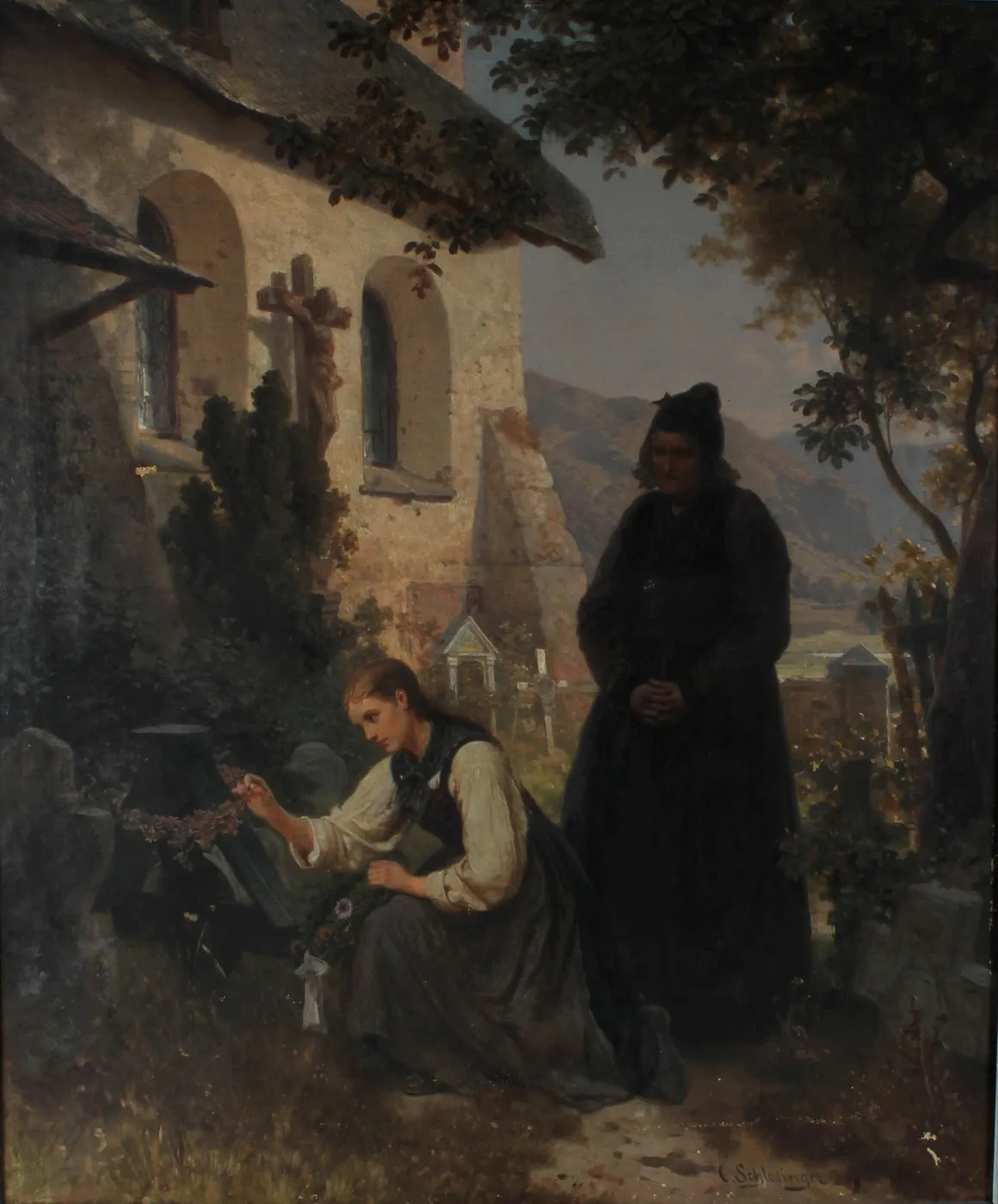 In the Cemetery by Carl Schlesinger — original painting reproduced as a hand-painted oil on canvas
