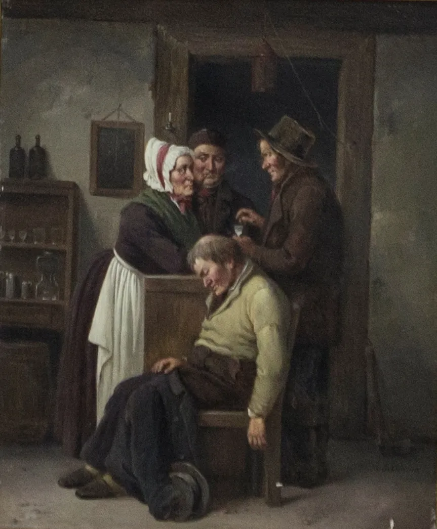 In the Public House (1846) by Christian Andreas Schleisner — original painting reproduced as a hand-painted oil on canvas