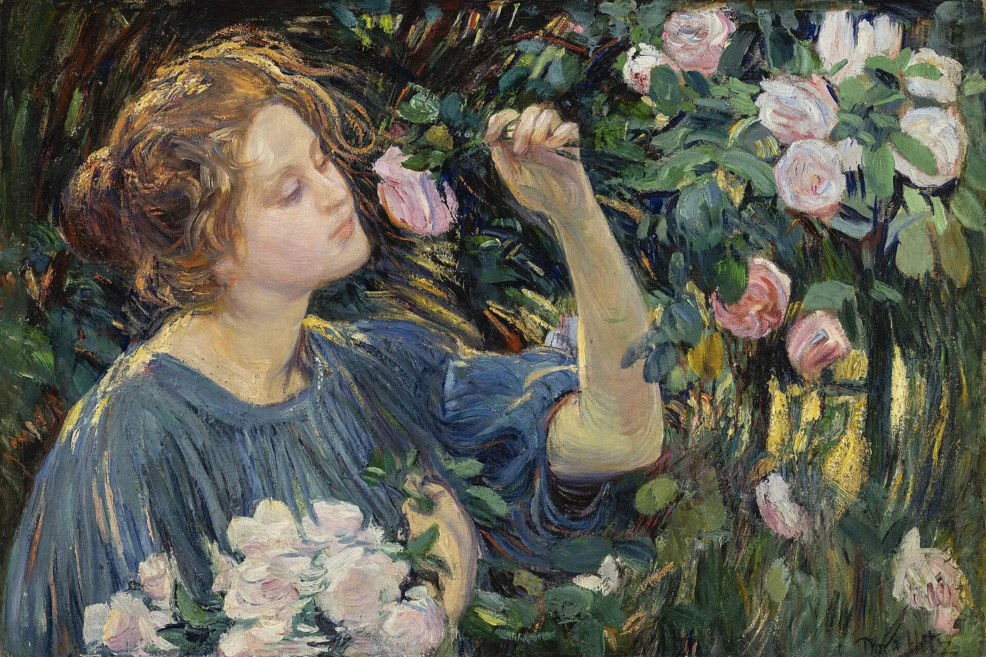 In the Roses (1913) by Dora Hitz — original painting reproduced as a hand-painted oil on canvas
