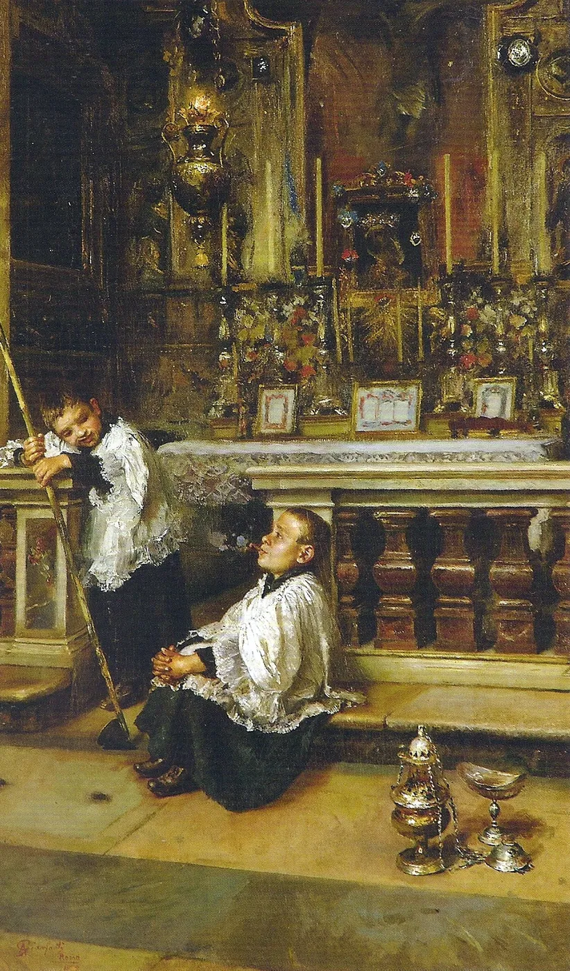 Interior of a church (1889) by Anselmo Gianfanti — original painting reproduced as a hand-painted oil on canvas