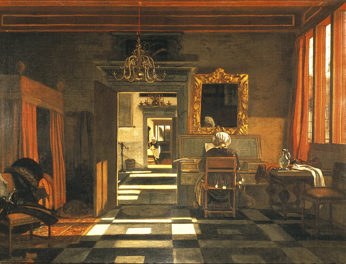 Interior with a Woman at the Virginal (1667) by Emanuel de Witte — original painting reproduced as a hand-painted oil on canvas