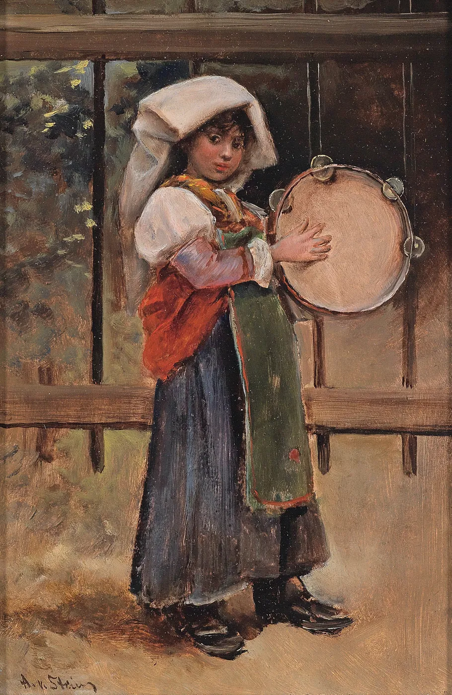Italian girl with tamborine (1919) by Alwyn Stein — original painting reproduced as a hand-painted oil on canvas