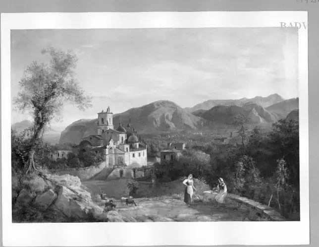 Italian landscape: monastery and two women (1844) by Eduard Agricola — original painting reproduced as a hand-painted oil on canvas
