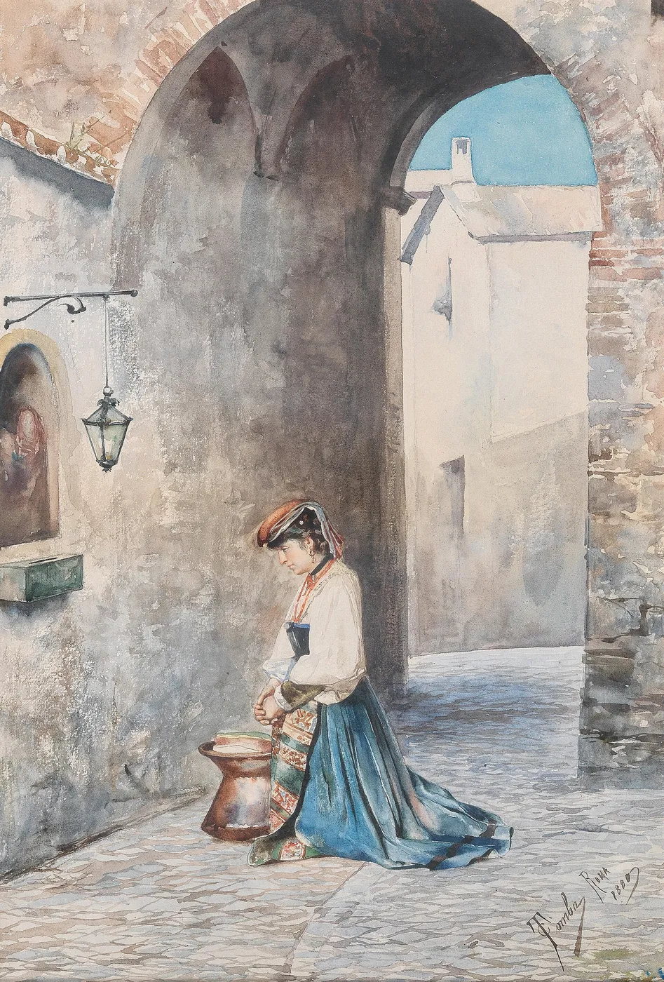 Italian woman praying in front of a wayside shrine (1880) by Casimiro Tomba — original painting reproduced as a hand-painted oil on canvas