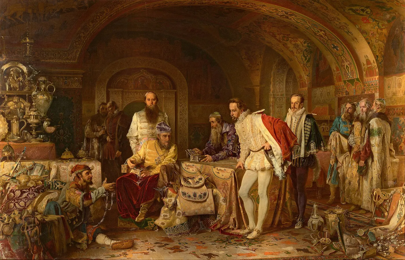 Ivan the Terrible Showing Treasures to the English Ambassador Jerome Horsey (1875) by Alexander Litovchenko — original painting reproduced as a hand-painted oil on canvas