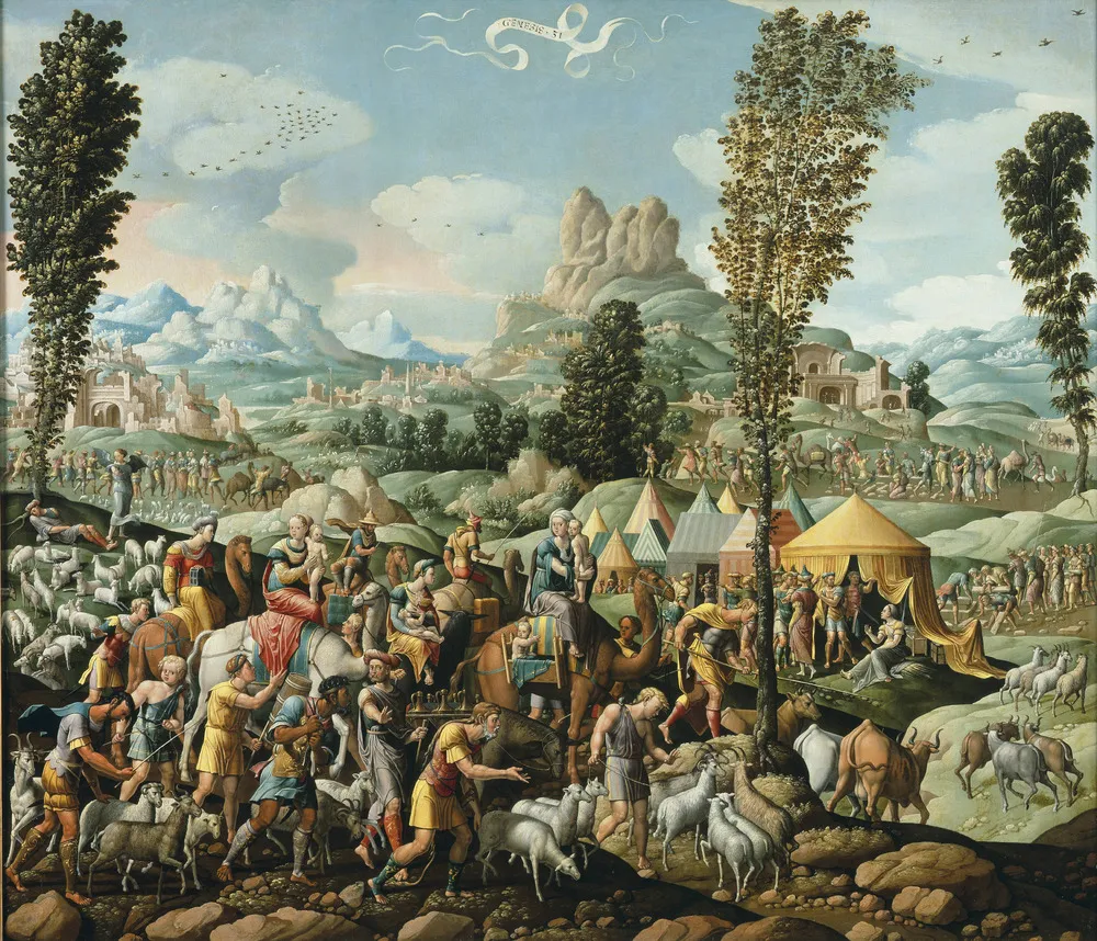 Jacob fleeing Laban with his family and all his possessions (Genesis 31:17-18) (1535) by Cornelis Buys — original painting reproduced as a hand-painted oil on canvas