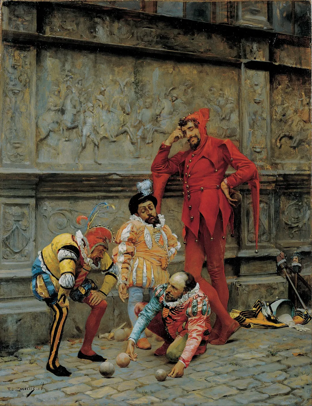 Jesters Playing “Cochonnet” (1868) by Eduardo Zamacois y Zabala — original painting reproduced as a hand-painted oil on canvas