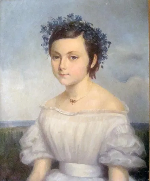 Jeune fille couronnée de bleuets (1839) by Bathilde Goblain — original painting reproduced as a hand-painted oil on canvas