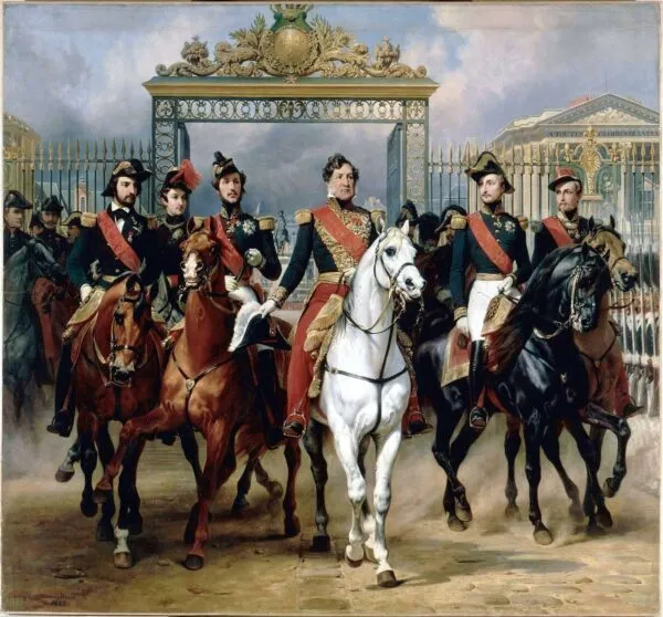King Louis-Philippe escorted by his sons leaving Versailles on June 10, 1837 (1846) by Horace Vernet — original painting reproduced as a hand-painted oil on canvas