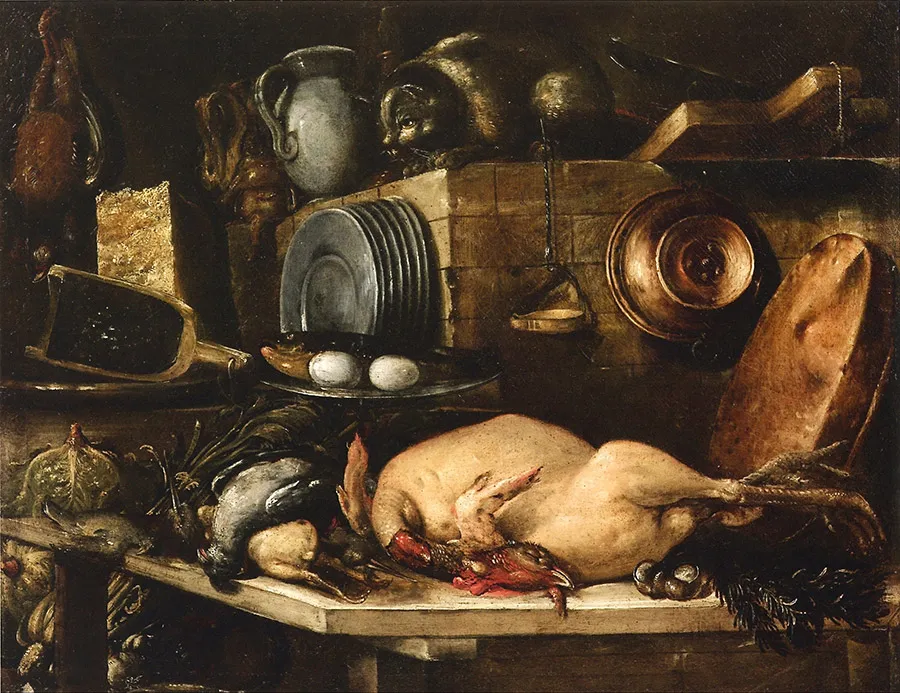 Kitchen with plucked turkey, dishes and cat (1650) by Bartolomeo Arbotori — original painting reproduced as a hand-painted oil on canvas