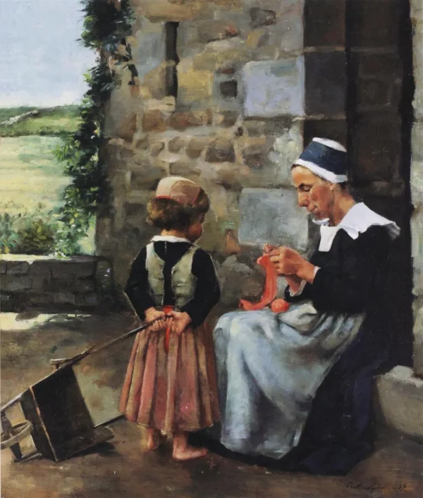 Knitting (1884) by Agda Lindqvist — original painting reproduced as a hand-painted oil on canvas