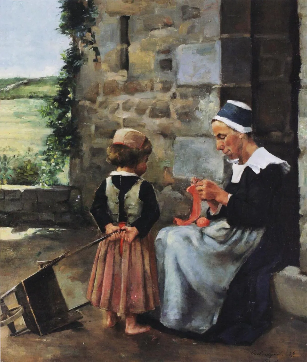 Knitting (1884) by Agda Lindqvist — original painting reproduced as a hand-painted oil on canvas
