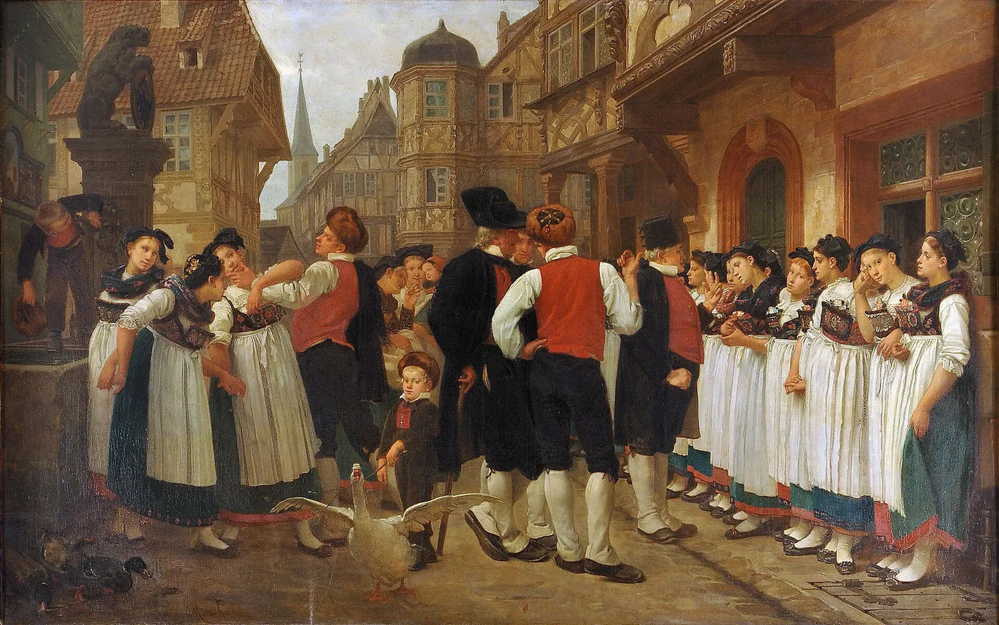 La foire aux servantes (1864) by Charles Marchal — original painting reproduced as a hand-painted oil on canvas