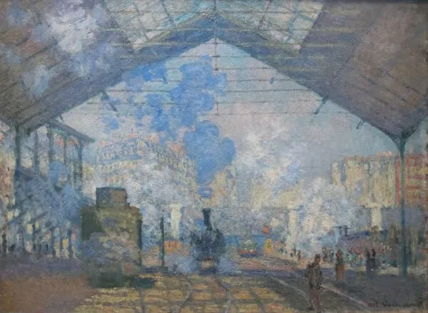 La Gare Saint-Lazare (1877) by Claude Monet — original painting reproduced as a hand-painted oil on canvas