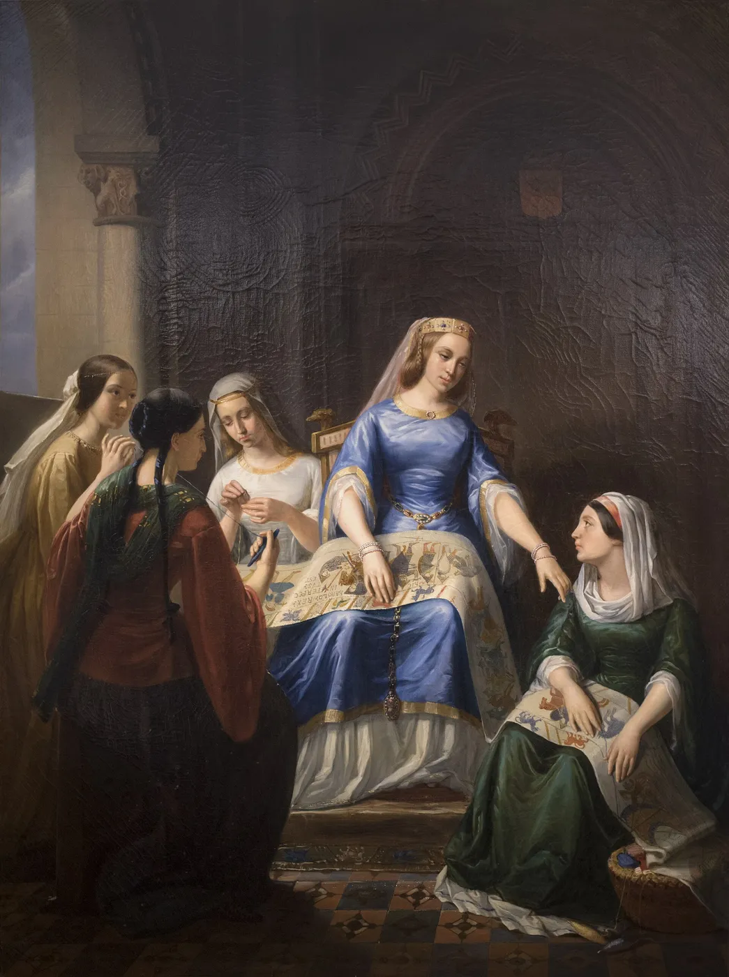 La Reine Mathilde travaillant à la Telle du Conquest (1848) by Alfred Guillard — original painting reproduced as a hand-painted oil on canvas