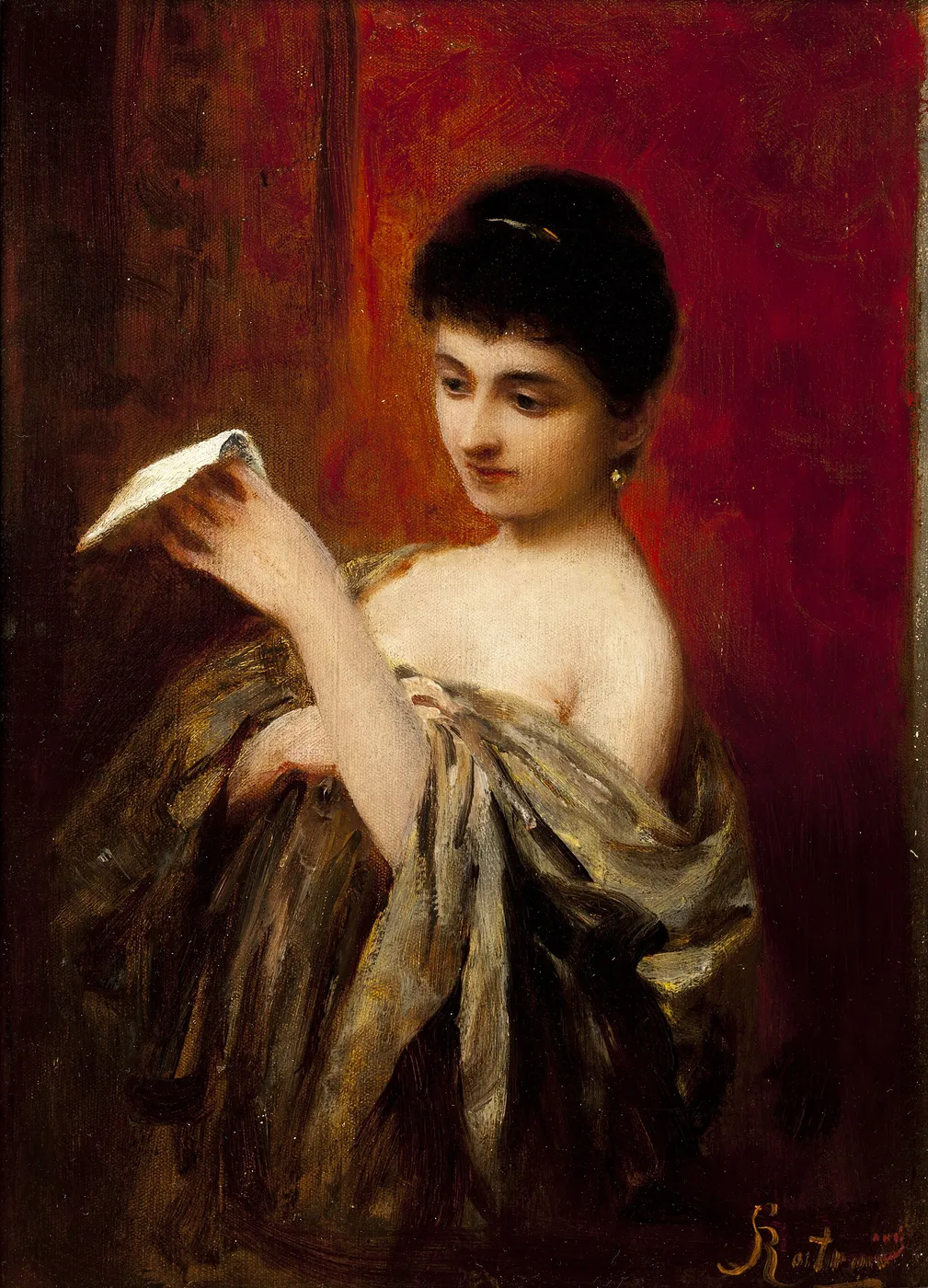 Lady with a Letter by Apolinary Kotowicz — original painting reproduced as a hand-painted oil on canvas