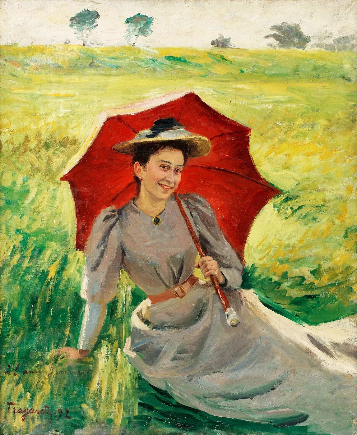 Lady with red Umbrella (1892) by Carl Trägårdh — original painting reproduced as a hand-painted oil on canvas