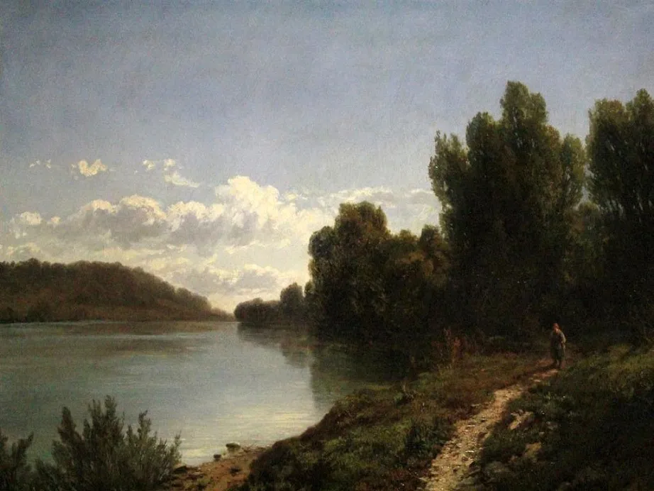 Lake landscape (1859) by Ernesto Allason — original painting reproduced as a hand-painted oil on canvas