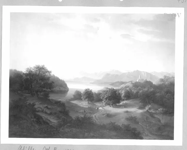 Lake with mountains + castle (1839) by Felix von Schiller — original painting reproduced as a hand-painted oil on canvas