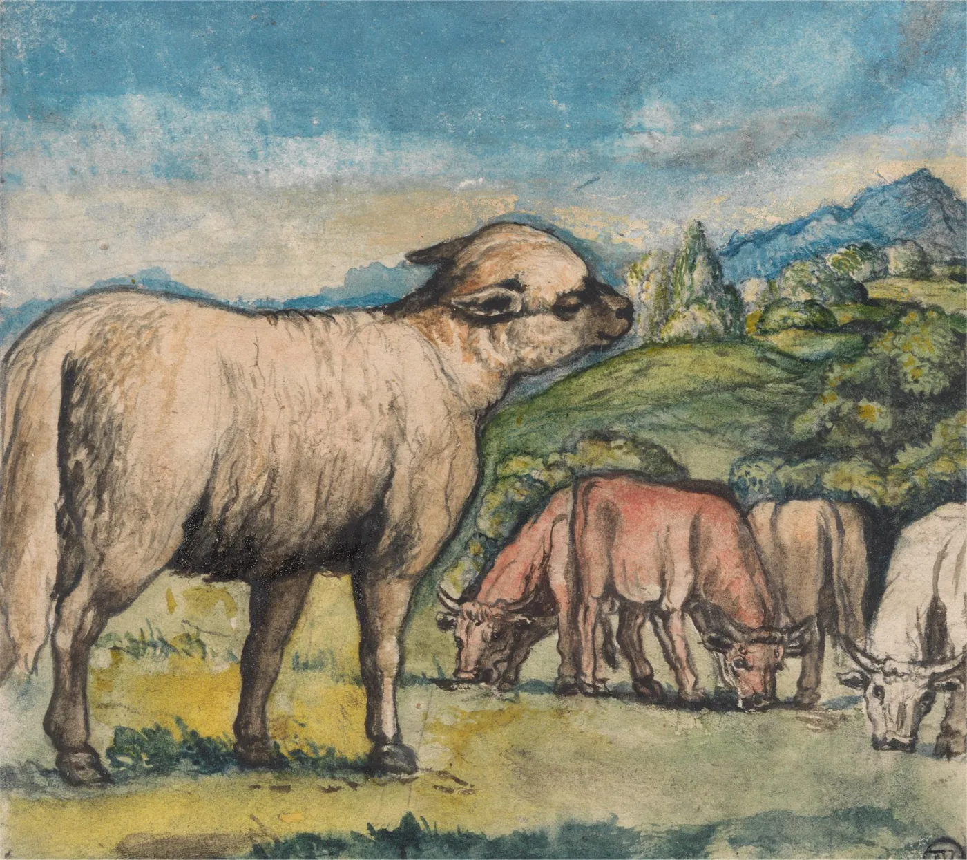 Lamb and Oxen in a Pastoral Landscape by Edward Calvert — original watercolour reproduced as a hand-painted oil on canvas