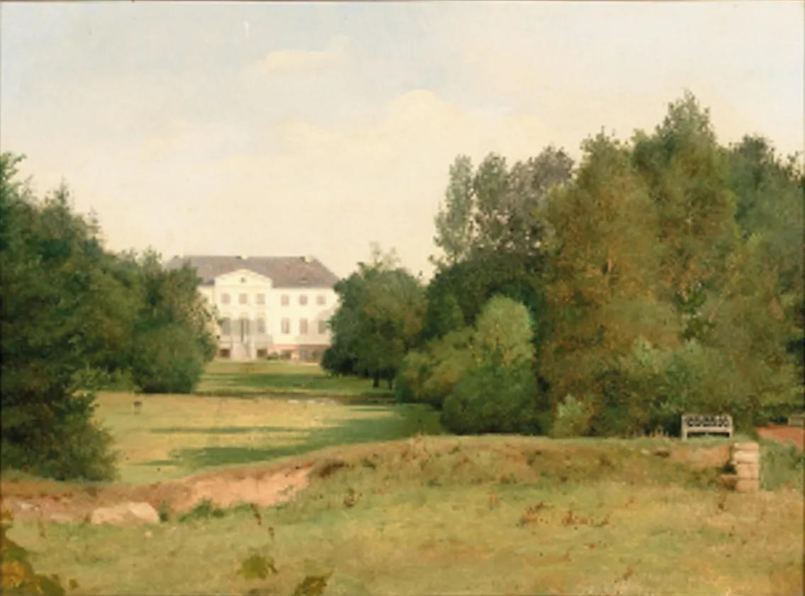 Landscape at Aggersvold, Denmark. (1850) by Asmus Kaufmann — original painting reproduced as a hand-painted oil on canvas