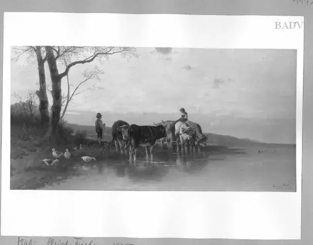 landscape, cattle at a lake (1885) by Christian Mali — original painting reproduced as a hand-painted oil on canvas