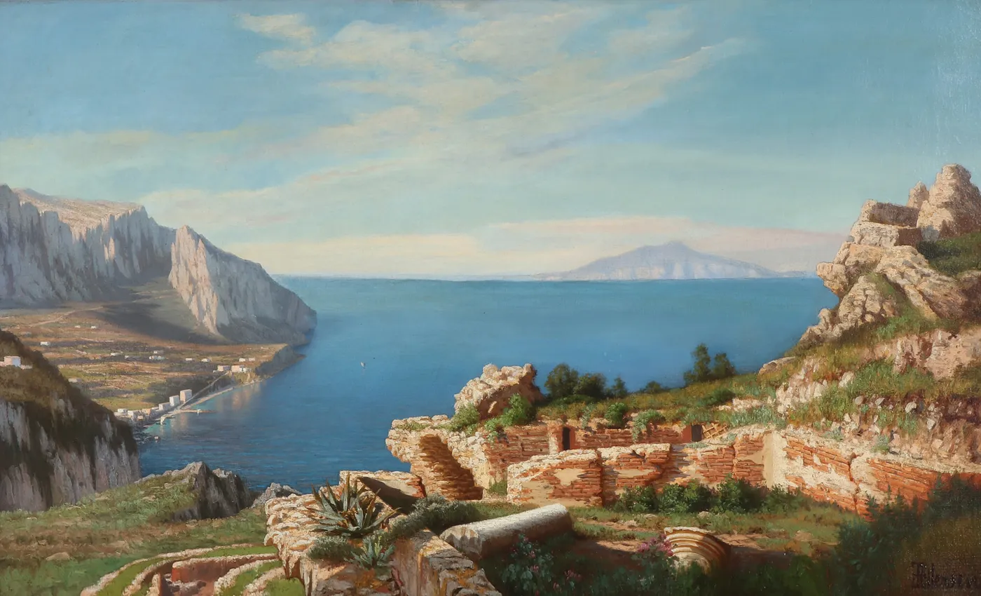 Landscape from Italy with view of a bay. (1884) by Eiler Rasmussen Eilersen — original painting reproduced as a hand-painted oil on canvas