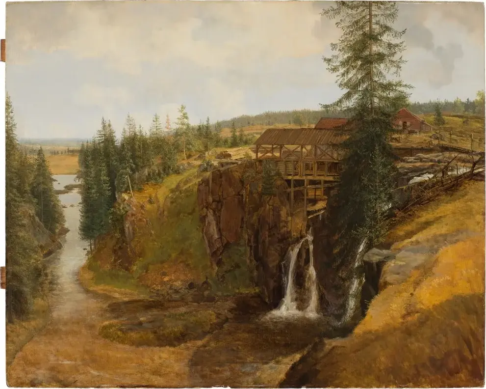 Landscape from Värmland with Sawmill and Stream by Christoffer Wallroth — original painting reproduced as a hand-painted oil on canvas