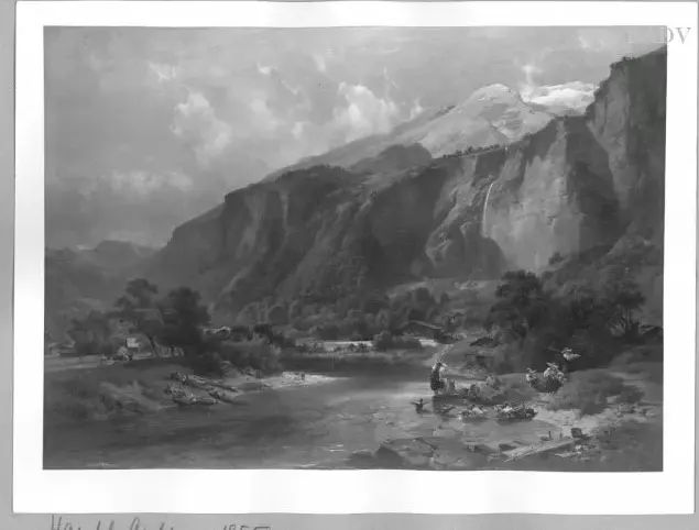 landscape: river-valley in the mountains + 3 woman (1855) by Anton Hansch — original painting reproduced as a hand-painted oil on canvas