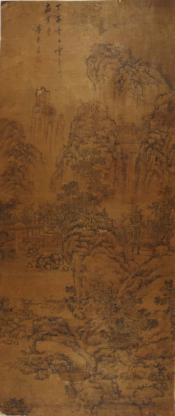 Landscape: Temples and Waterfall by Dong Bangda — original painting reproduced as a hand-painted oil on canvas