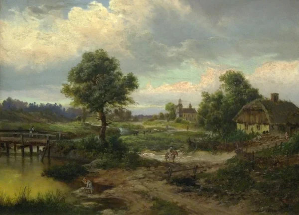 Landscape with a Church (1879) by Adam Wiktor Malinowski — original painting reproduced as a hand-painted oil on canvas