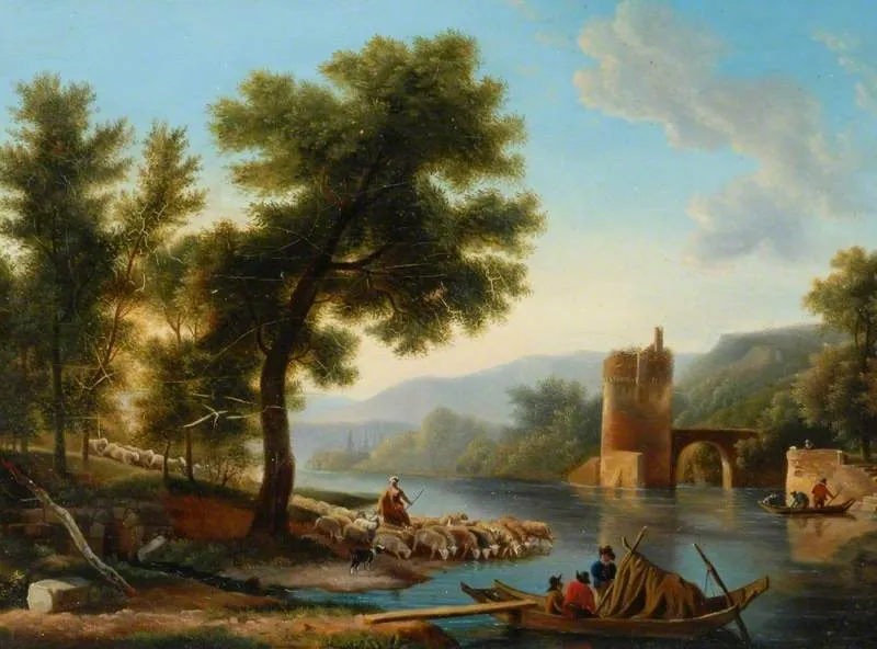Landscape with a River, Boats, Sheep and a Tower (1821) by Frans Swagers — original painting reproduced as a hand-painted oil on canvas