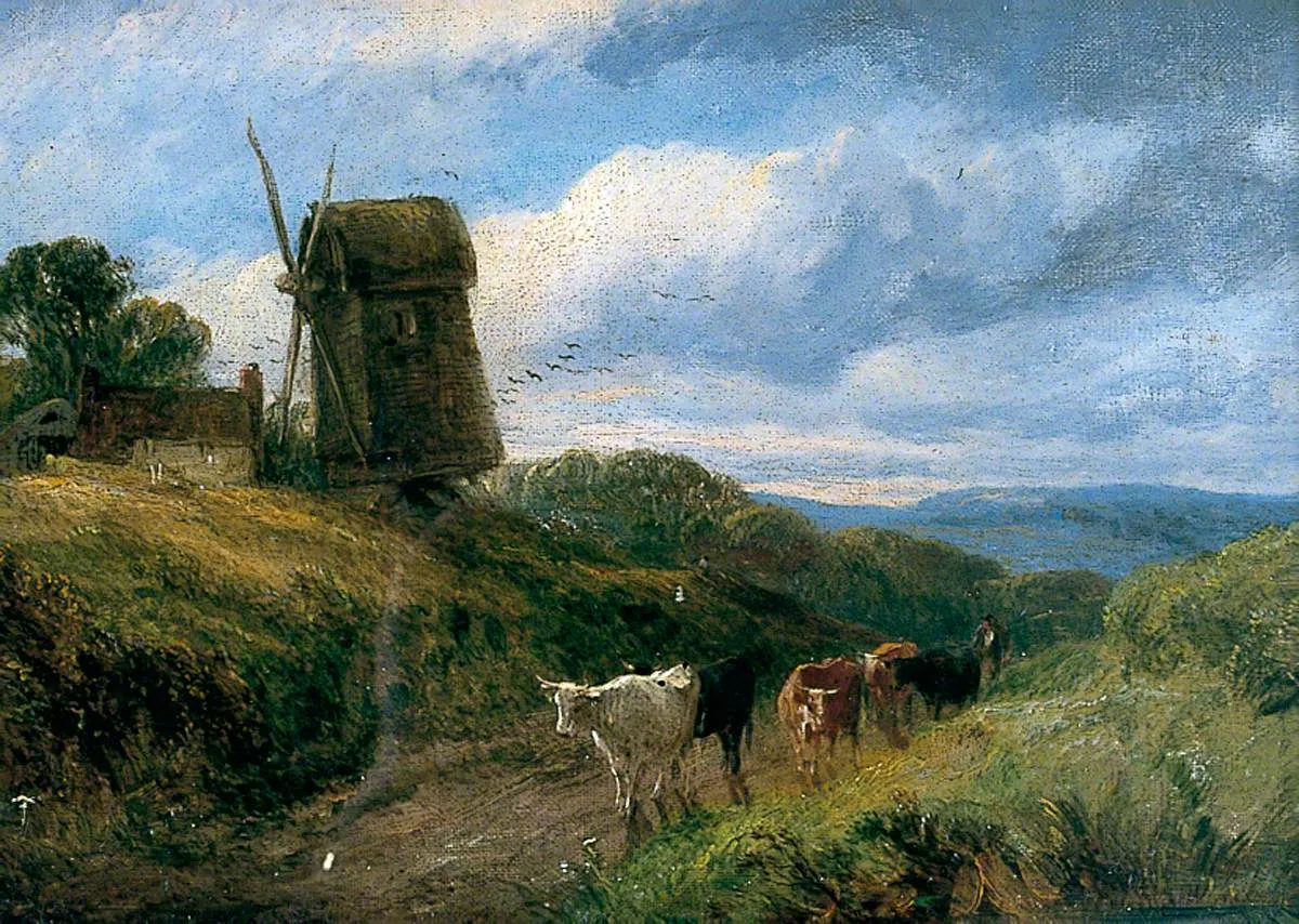 Landscape with an Old Mill (1862) by Edwin Lewis Meadows — original painting reproduced as a hand-painted oil on canvas