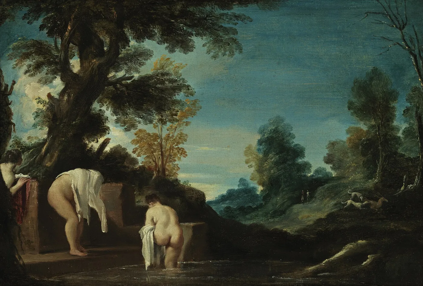Landscape with bathing women (1620) by Guercino — original painting reproduced as a hand-painted oil on canvas