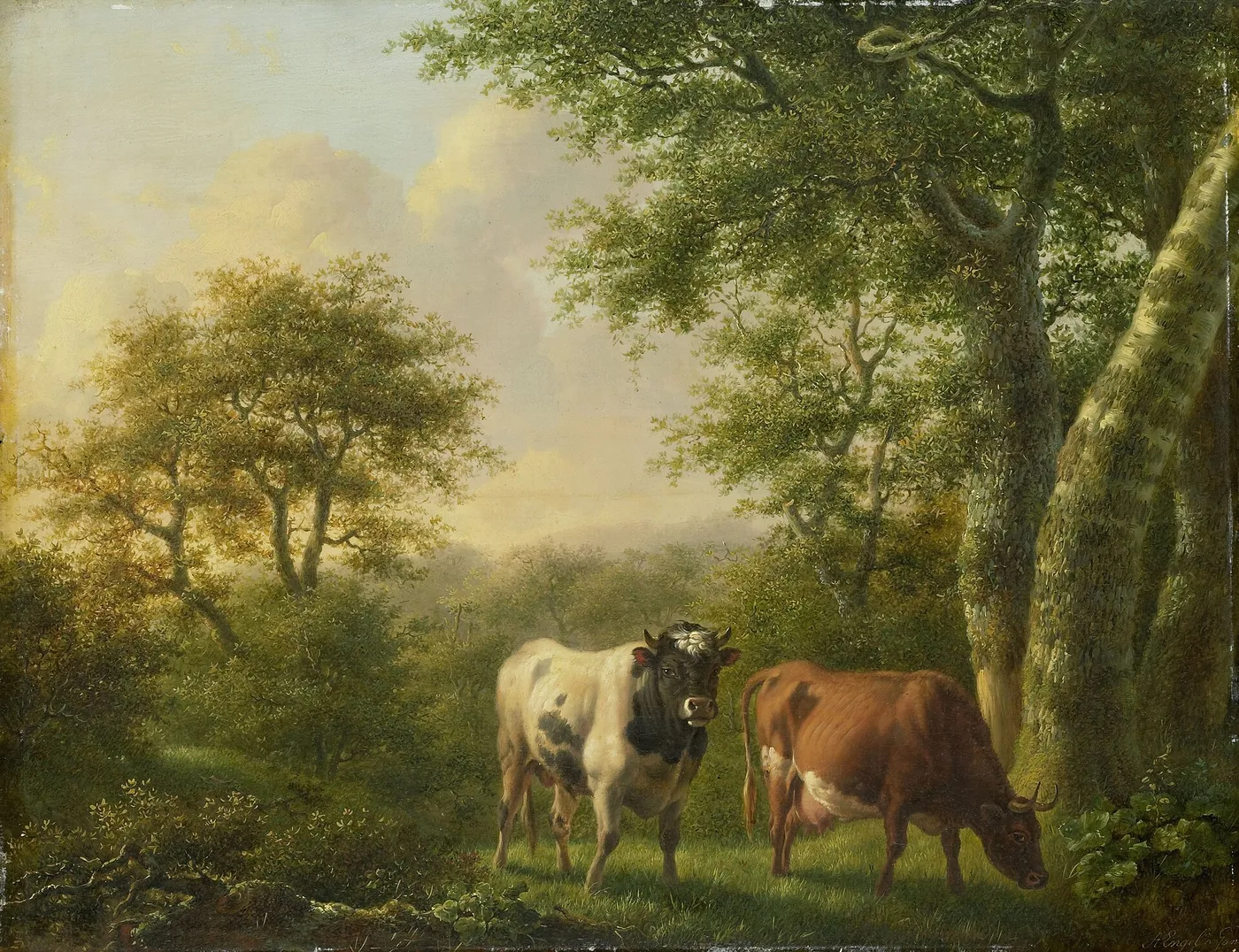 Landscape with Cows (1827) by Adolf Karel Maximiliaan Engel — original painting reproduced as a hand-painted oil on canvas
